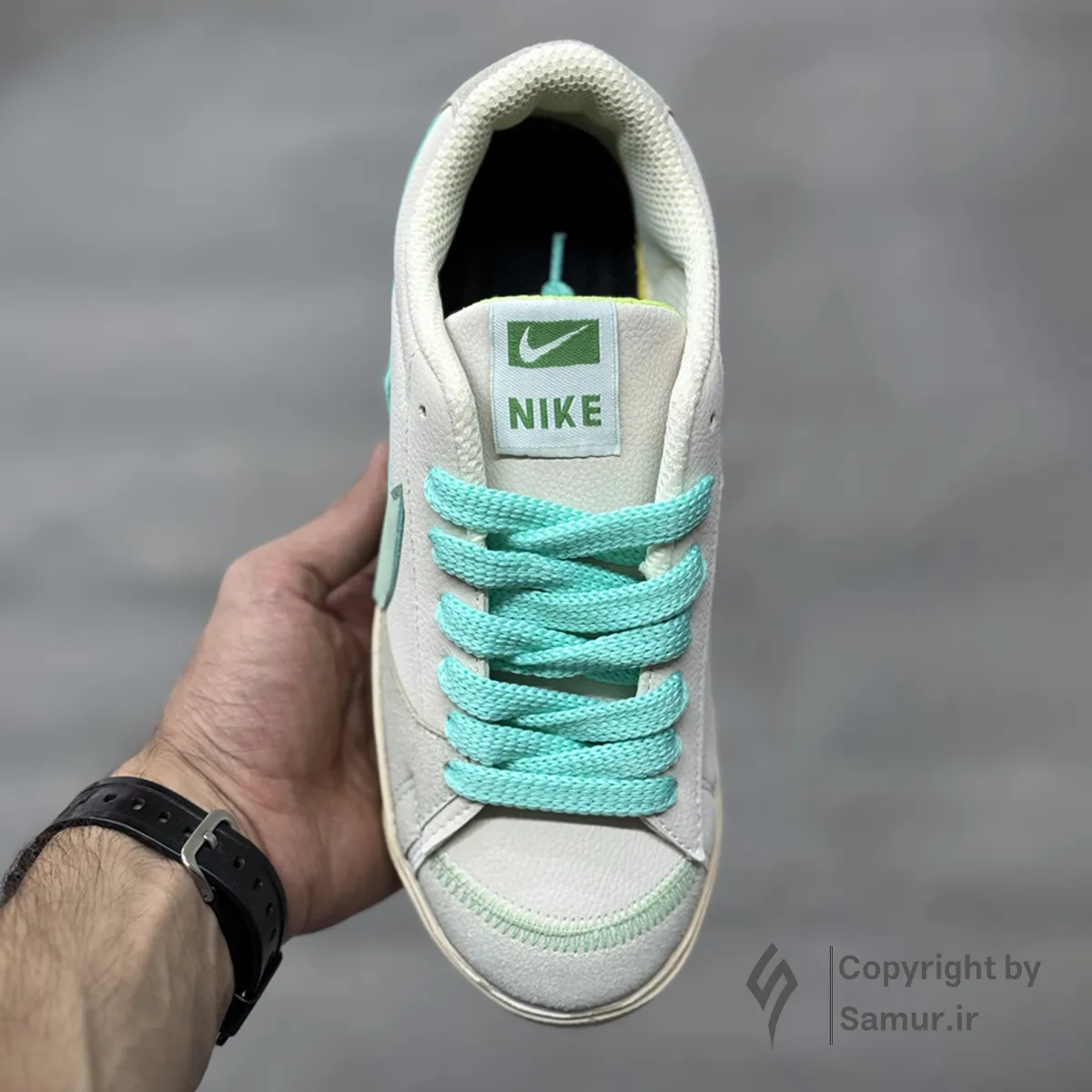 گالری تصاویر کتونی نایک بلیزر کرم سبز آبی ساق کوتاه